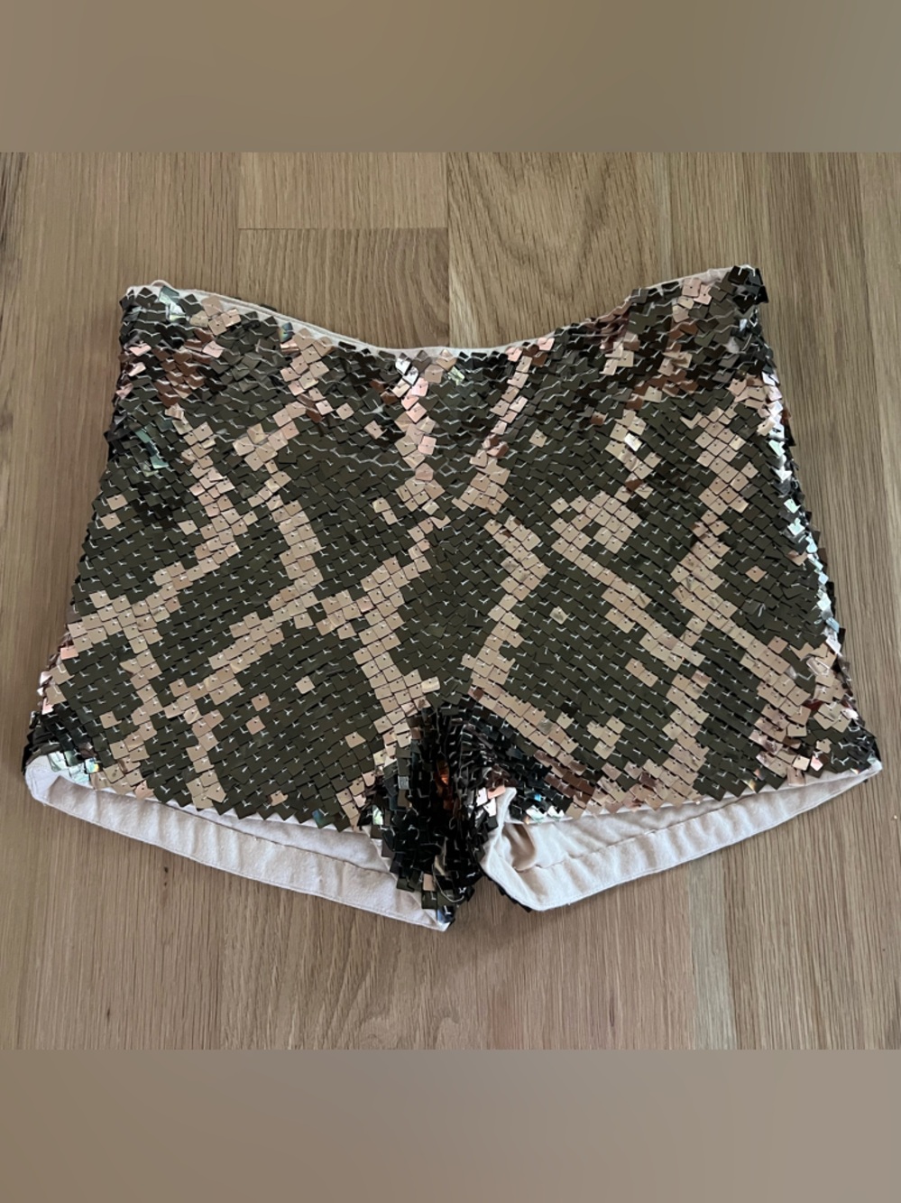 Haute Hippie Olive Green and Blush Sequin Shorts snakeskin